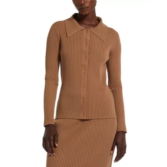 Max Mara Weekend Papiro Rib Knit Cardigan Brown Size L Quiet Luxury Minimalist - Picture 10 of 10